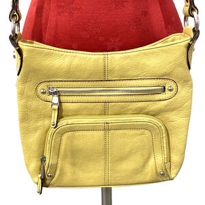 Vintage Y2K Tignanello Yellow Leather Shoulder Bag Purse Zip Pockets Adjustable